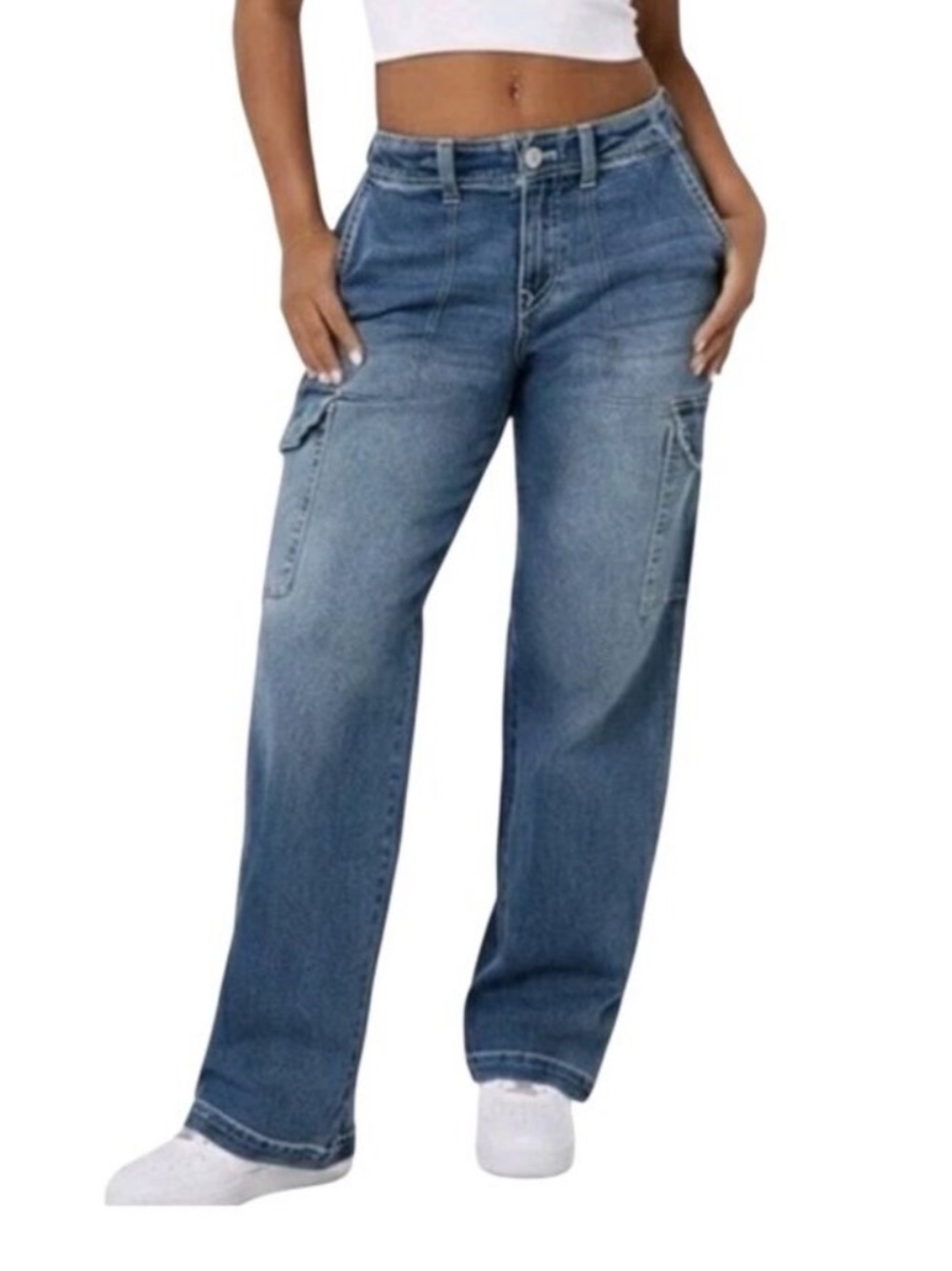 True Religion Women's Cargo Straight Carpenter Med Wintry Wash Size 28 NWT